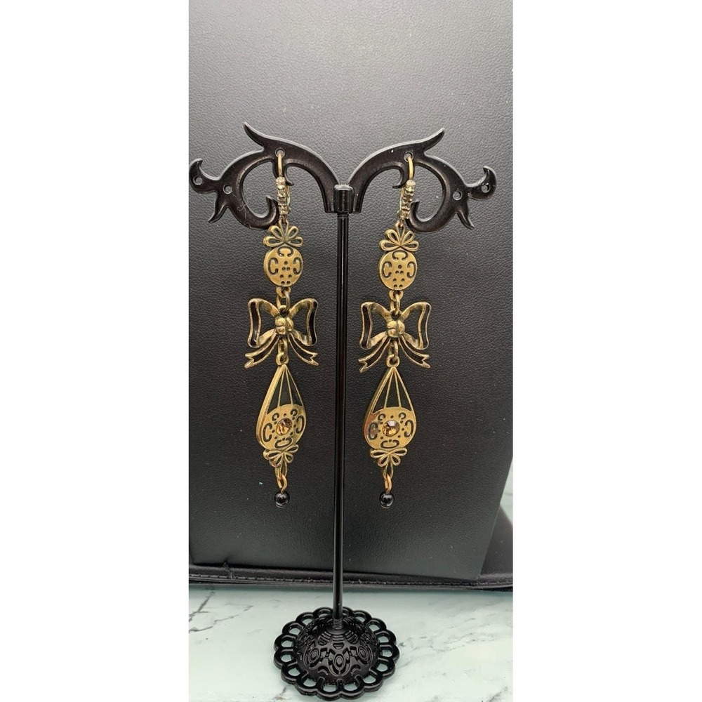 Vintage JewelMint Gold Tone Bow Long Dangle Rhinestones Earrings Lever Back